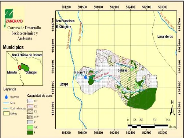 Figura 7. Mapa de capacidad de uso del suelo de la microcuenca de la “Quebrada Aguja”,  Güinope, El Paraíso, Honduras
