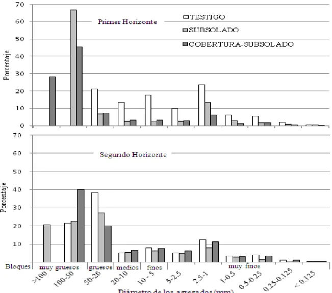 Figura 5. Porcentaje de agregados de diferente diámetro en el primer y segundo horizonte  del suelo