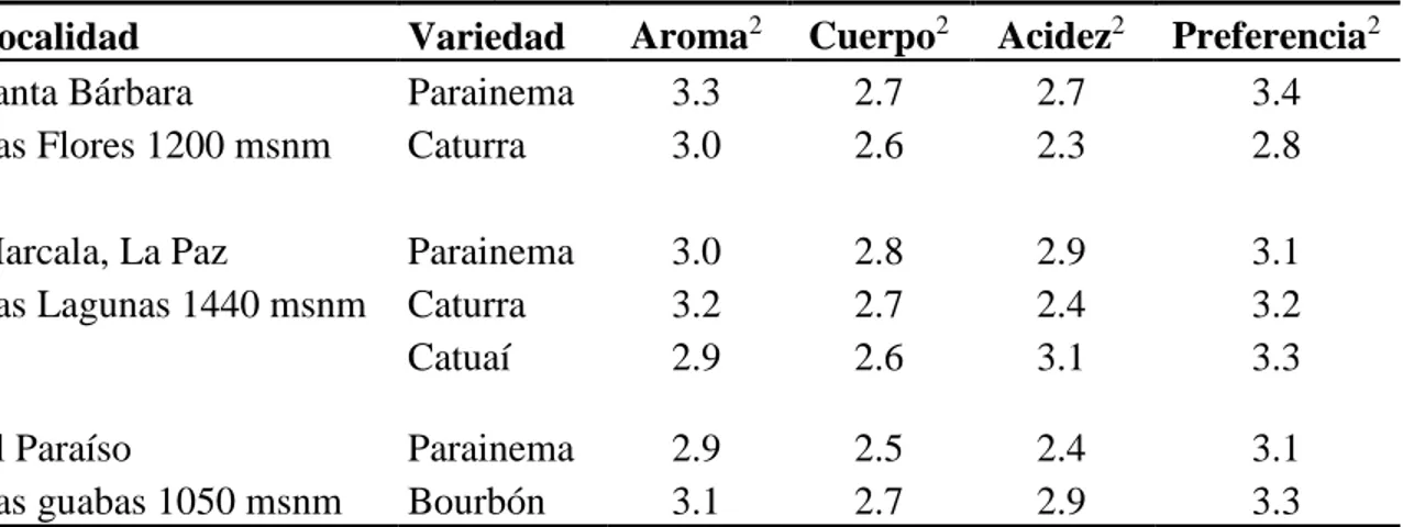Cuadro 7.  Promedios de las cualidades organolépticas de la variedad Parainema, comparadas  con las variedades Caturra, Catuaí y Bourbón (IHCAFE-CIRAD, 1997)