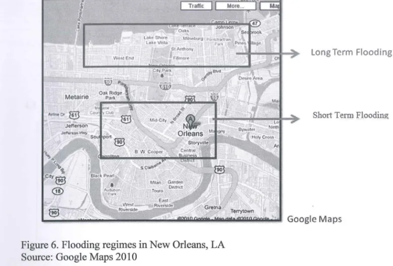 Figure 6.  Flooding regimes in New Orleans, LA  Source:  Google Maps 2010 