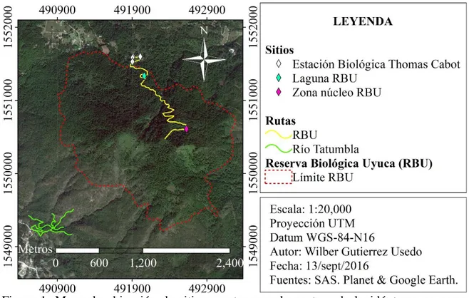 Figura  1.  Mapa  de  ubicación  de  sitios  y  rutas  para  la  captura  de  lepidópteros  en  cerro  Uyuca, Honduras