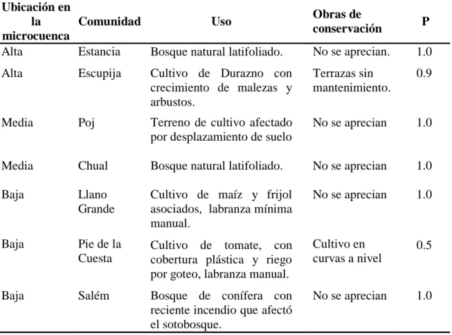 Cuadro 9. Valores del factor P para cada uno de los puntos de muestreo según las obras de  conservación implementadas