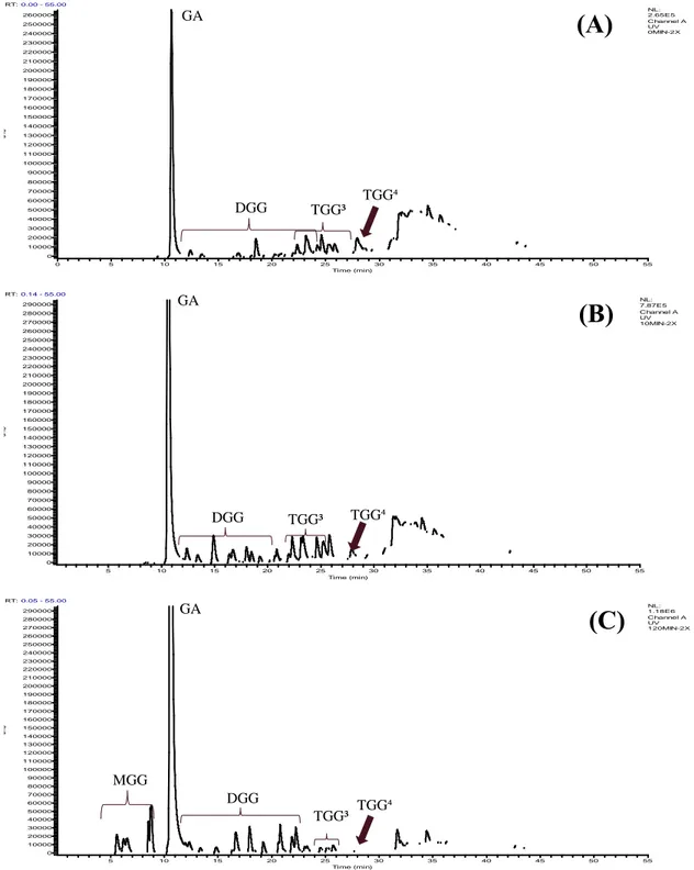 Figure 3. Chromatograms of Sumac polyphenol compounds after 0 (A), 10 (B) and 120 (C)  minutes of tannase hydrolisis