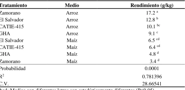 Cuadro 3. Rendimiento promedio de cuatro cepas producidas en dos diferentes medios de  producción, Zamorano, 2019