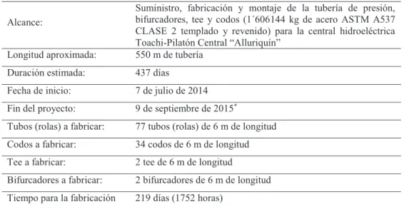 Tabla 7  Características del proyecto de fabricación de la tubería de presión 
