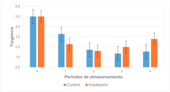 Figura 3.19. Turgencia de la naranjilla al inicio del experimento y en cada uno de los  periodos de almacenamiento refrigerado 