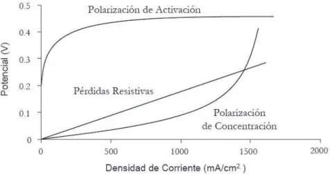 Fig. 2-16. Perdidas de tensión en una Pila de Combustible [34]