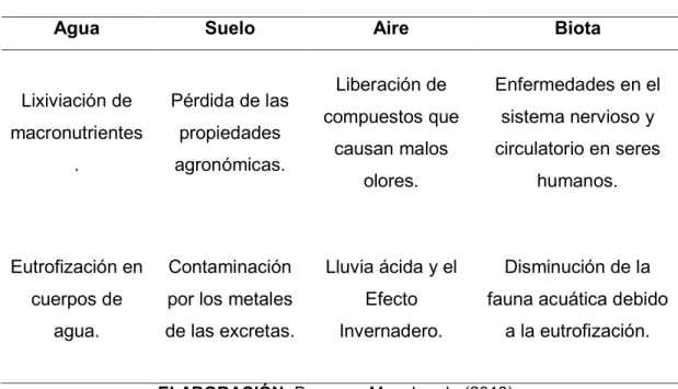 TABLA 2.2 PROBLEMAS AMBIENTALES OCASIONADOS POR LOS  RESIDUOS AVÍCOLAS