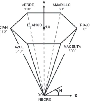 Figura 1.6 Representación del sistema de color HSV [12] 
