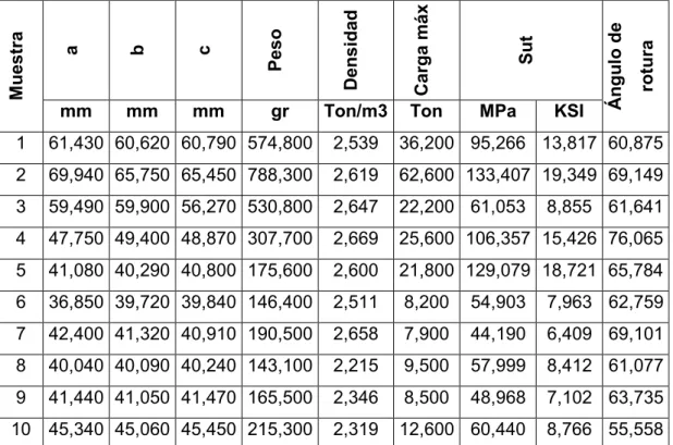 Tabla 2. 1 Dimensiones, carga máxima y ángulo de rotura de cada probeta.
