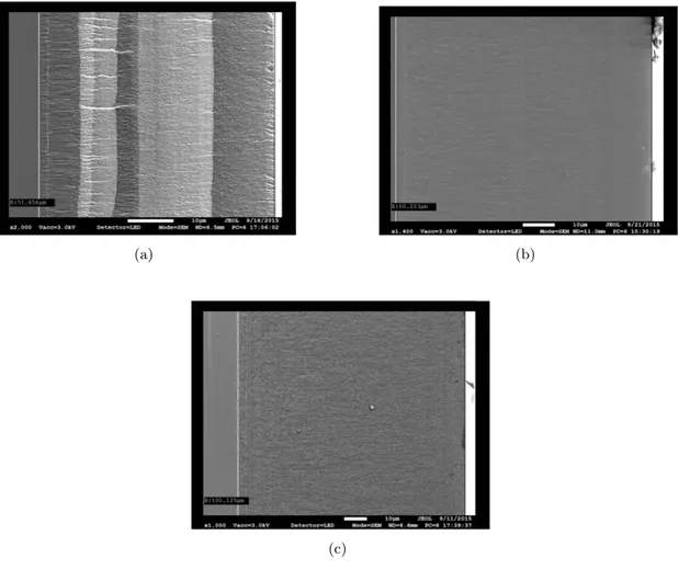 Figura 4.2: Im´ agenes SEM de la vista transversal de las monocapas de SiP. La imagen (a) es de la muestra A con espesor de 51,65µm, la imagen (b) es de la muestra B con espesor de 80.22µm y la imagen (c) es de la muestra C con espesor de 100.12µm.