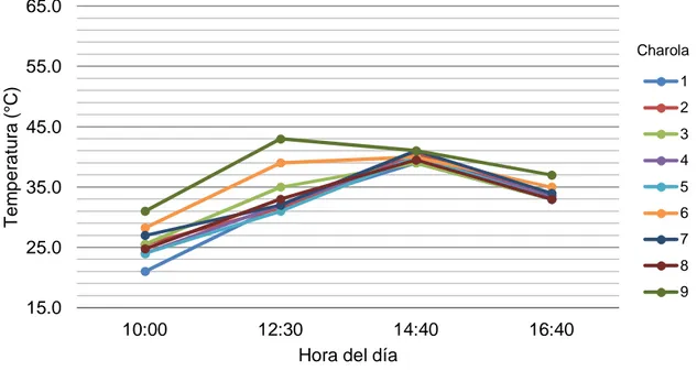 Figura 4.4: Comportamiento promedio de temperaturas superficiales de lixiviados  durante el día