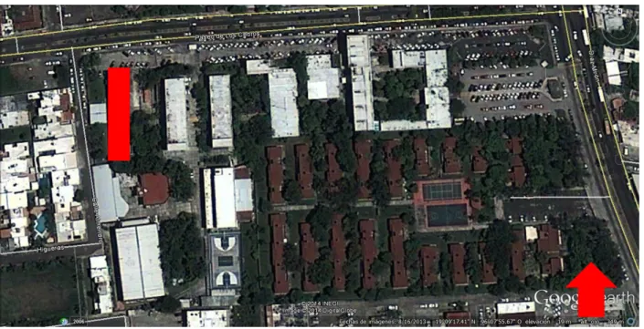 Figura  4.1  Ubicación  del  edificio  de  Arquitectura,  orientado  hacia  el  norte,  el  área  de  mayor  afectación  en  el  año  es  la  de  temperatura 