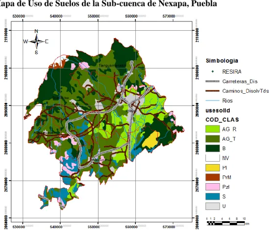 Figura 4. Mapa de uso de suelos, se han simplificado las clases agrícola y tipo de bosque (elaboración propia  a partir de información de INEGI, 2016)