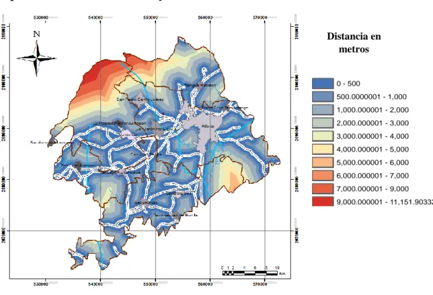 Figura 7. Mapa de distancias a las poblaciones urbanas (elaboración propia a partir de información de INEGI,  2016; y SCT, 2015)