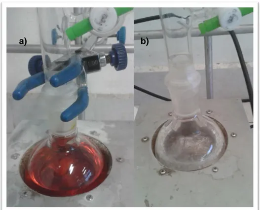 Figura 2.4 Cambio de coloración del metanol durante la purificación a) antes b)  después