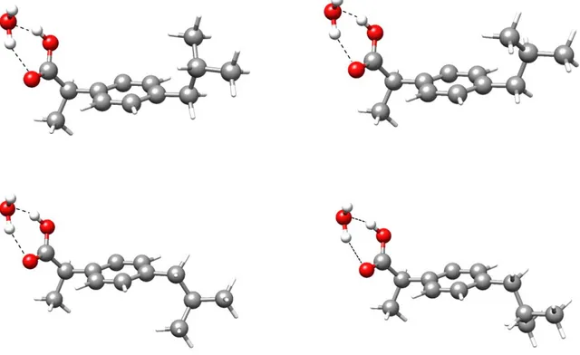 Figure 1.7. The predicted most stable complexes of water with the four rotamers observed for ibuprofen
