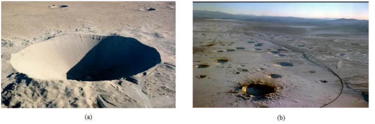Figura 1.3 : (a) Cráter Sedan de 1962. El dispositivo explosivo fue colocado bajo tierra a 194 m de pro- pro-fundidad, la explosión era equivalente a 104 kilotones de TNT (435 TJ) y el cráter resultante es de 100 m de profundidad y 390 m de diámetro