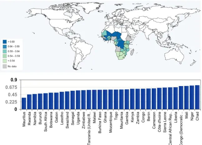 Figure 4. Map and Index Gender Inequality Index (GII) in SSA (2011) 