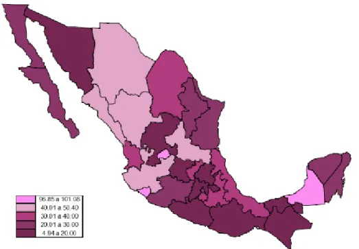 Figura  8.  Incidencia  de  tumor  maligno  de  mama  en  mujeres  de  20  años  y  más  por  entidad  federativa por cada 100 000 mujeres en 2015