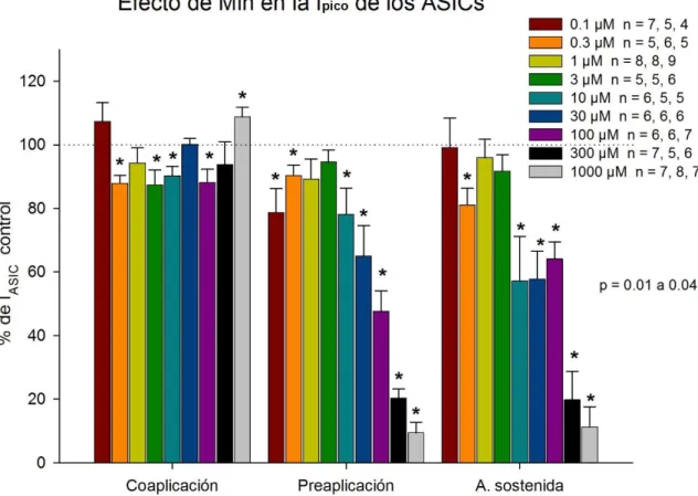 Figura 10. Efecto de Min sobre la I pico  de la corriente ASIC en los 3 protocolos de aplicación (a  la derecha se muestran las concentraciones utilizadas y el número de células utilizadas (n) para los  3 protocolos de aplicación)