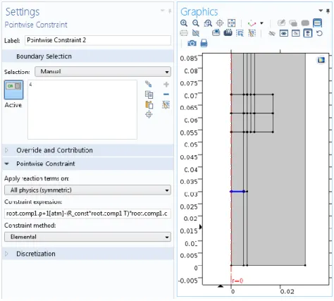 Figure 26: Settings and selected boundary of the ‘Pointwise Constraint’ 