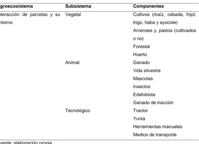 Cuadro 1. Elementos que conforman el agroecosistema a nivel de parcela. 