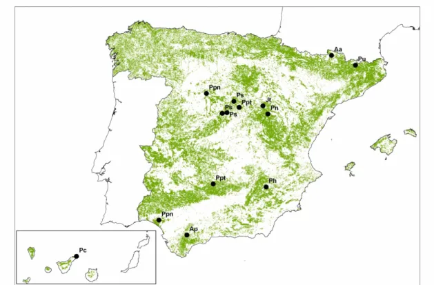Figura 4.1. Distribución de las zonas de muestreo en España para las especies estudiadas