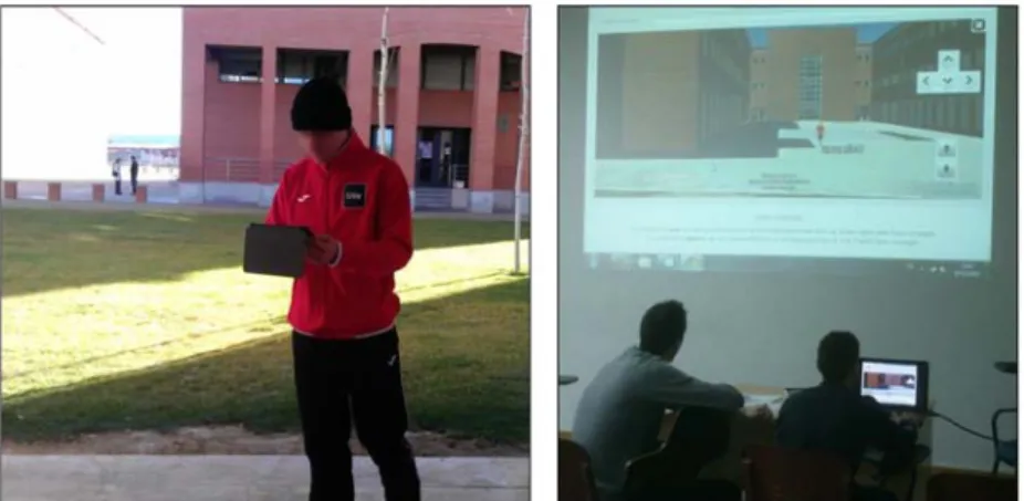 Fig. 9 A student outdoors in the university campus during Study 3 [Obs4] (left), and student’s avatar in the 3D  view of the Google Earth VG during Study 3 [Obs4] (right)