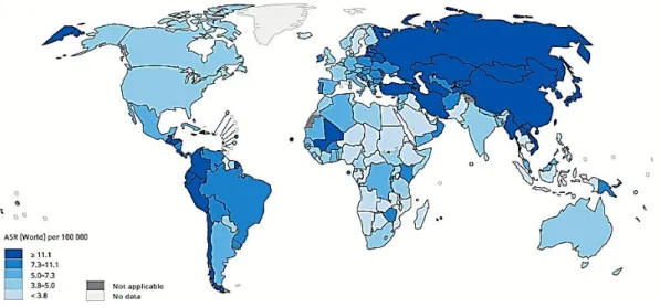 Figura 4. El mapa muestra la tasa de incidencia estandarizada por edad estimada para el cáncer  de estómago en 2018, ambos sexos, todas las edades (tomada de http://globocan.iarc.fr/)
