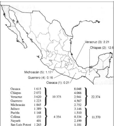 Figura 3. Ejidos y comunidades en México (Modificado de Toledo, 2000). 