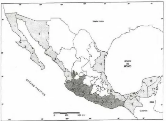 Figura 4. Estados costeros en México (Modificado de Toledo, 2000). 