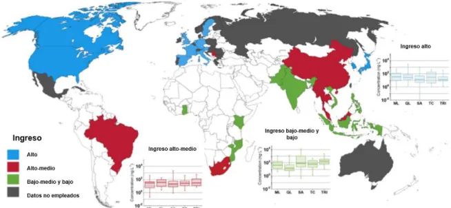 Figura 2.  Países en los que se ha detectado la presencia de antimicrobianos en aguas superficiales