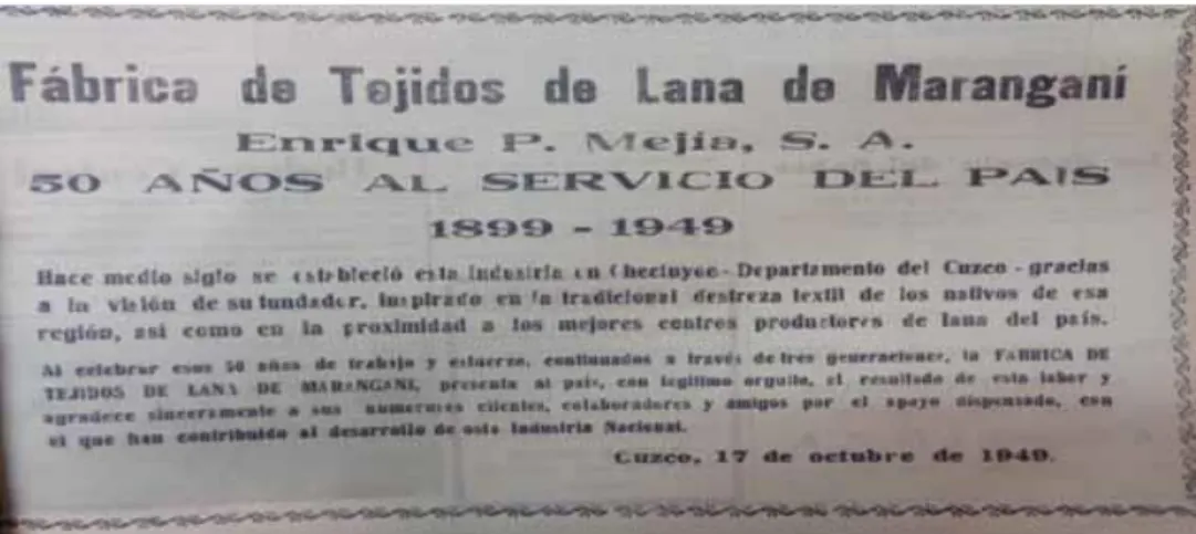 Figura 4.  Publicidad periodística de la fábrica Maranganí, sobre 50 años de  servicio