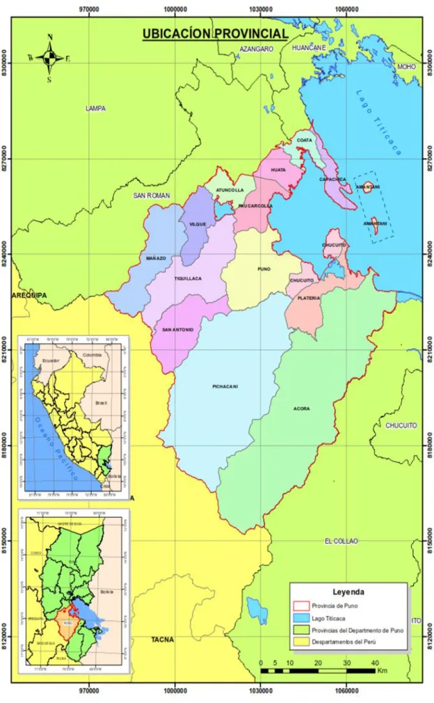 Figura 6: Ubicación política de la provincia de Puno y sus 15 distritos. 