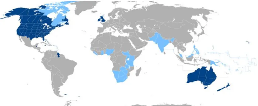 Figura 1: mapa con los países del mundo que tienen el inglés como idioma  oficial.  3