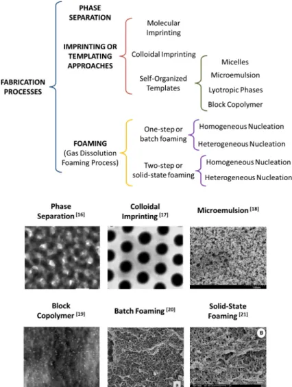 Fig. 1. Different fabrication processes for the production of nanoporous polymeric materials along with some TEM and SEM images of the nanoporous polymers obtained with the different techniques
