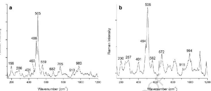 Fig. 3  a Low temperature and b high-temperature Ca-rich feldspar found in the EET 83227 sample by means of Raman spectroscopy 