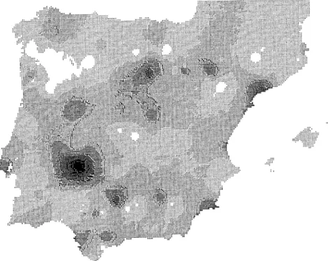 Fig. 3. Mapa de interpolación del tamaño de las ciudades.