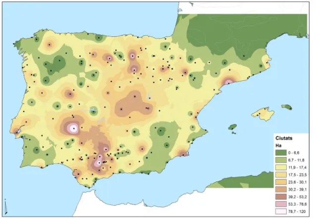 Fig. 4. Interpolación de la población urbana a partir de la extensión de 209 yacimientos de Hispania