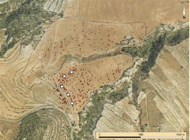 Fig. 5. Dispersión de material cerámico con forma reconocible en El Cascarralet (L’Alcoià) y zonas  de prospección geofísica (Grau et alii, 2012)