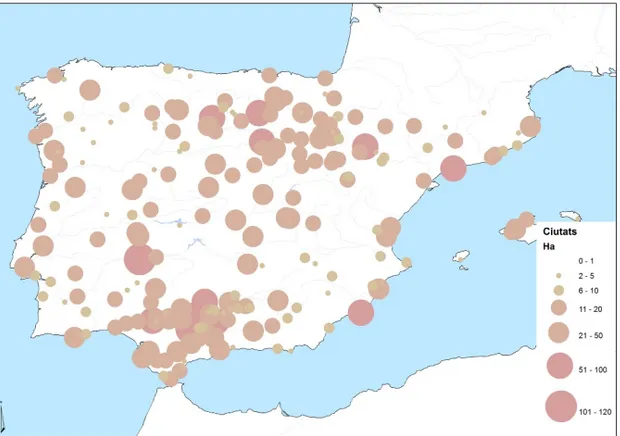 Fig. 3. Distribución de la población urbana a partir de la extensión de 209 yacimientos de Hispania