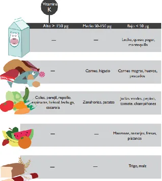 Tabla 3. Grupos de alimentos según su contenido en vitamina K (µg/100 g) (5). 