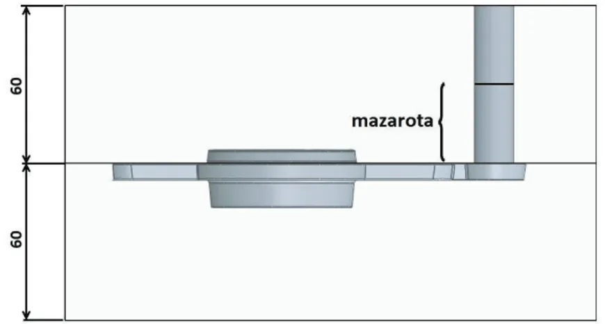 Figura 3.5 Ubicación de la mazarota y altura de tapas de la caja de moldeo  (Fuente: Propia) 