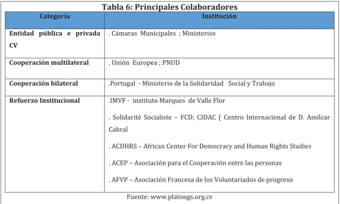 Tabla 6: Principales Colaboradores 