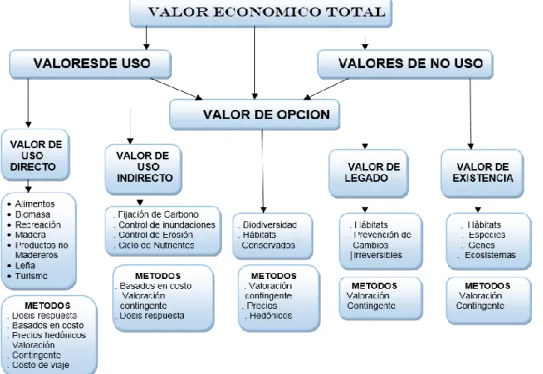 Figura 1. Valores de uso y de no uso, metodologías recomendadas a utilizar y  aspectos que se pudieran evaluar (Edwb, 1998)