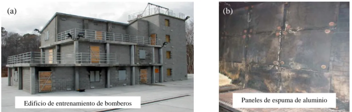 Fig. 2.33.  Uso de espuma metálica como protección en incendios. (a) edificio de entrenamiento de  bomberos
