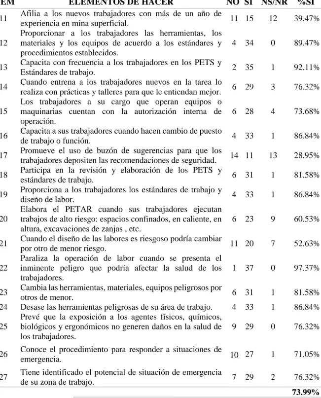 Tabla 4.6: Elementos de hacer. 