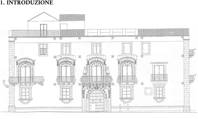 Fig. 1. Palazzo Bongiovanni, disegno del prospetto principale. Dal progetto di restauro e messa  in sicurezza redatto dal Geom