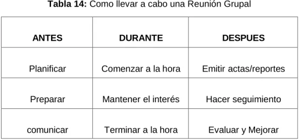 Tabla 14: Como llevar a cabo una Reunión Grupal 